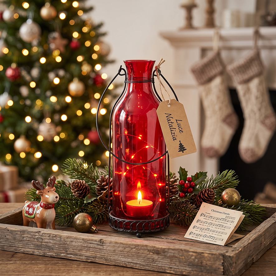 Lanterna-Natalizia-in-Vetro-Rosso-rionova-arredamento Lanterna Natalizia in Vetro Rosso, Portacandela Tealight e Centrotavola Festivo - immagine 1
