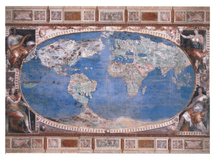 Affresco Rinascimentale Globo Terrestre - Mappa del Mondo Antico su Intonaco Artistico - immagine 2