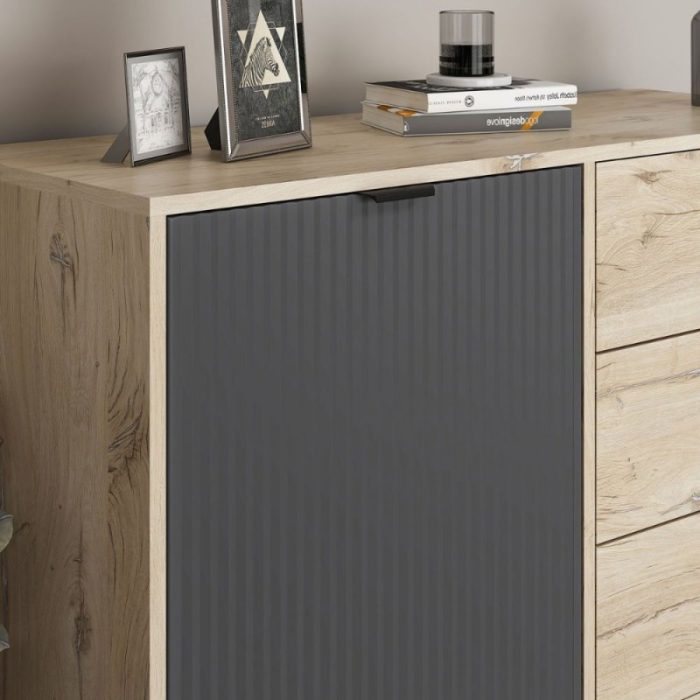 Madia ESTA con anta antracite effetto cannettato e 3 cassetti rovere Sonoma - immagine 4