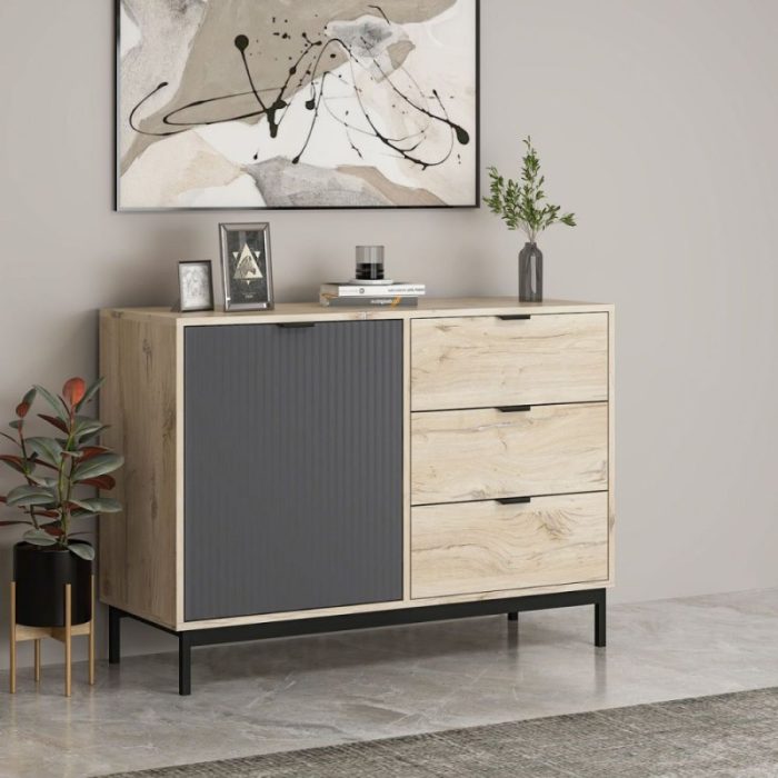 Madia ESTA con anta antracite effetto cannettato e 3 cassetti rovere Sonoma - immagine 1
