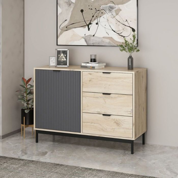 Madia ESTA con anta antracite effetto cannettato e 3 cassetti rovere Sonoma - immagine 3